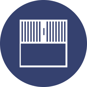 Free-Standing Roll-Up Doors Icon of a container ship in white on a blue circular background, with vertical lines representing containers and a T-shaped outline below them.